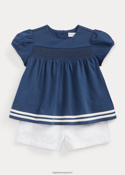Ensemble haut en jersey smocké et short en lin 46T60T8192 bébé Ralph Lauren marine/blanc