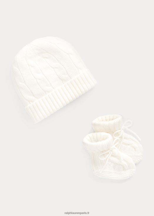ensemble bonnet et chausson en cachemire 46T60T8035 bébé Ralph Lauren blanc chaud