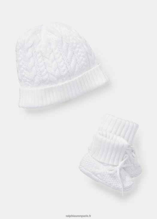 ensemble bonnet et chaussons en coton 46T60T8341 bébé Ralph Lauren blanc