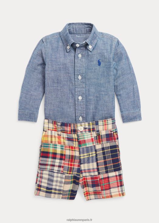 ensemble chemise chambray & short madras 46T60T8189 bébé Ralph Lauren chambray madras