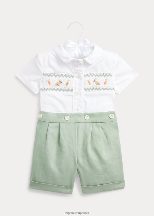 ensemble chemise en coton smocké et short en lin 46T60T7808 bébé Ralph Lauren vert clair/blanc