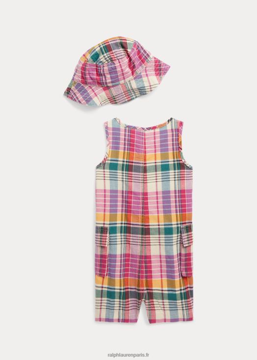 ensemble short & bonnet en madras coton indigo 46T60T7827 bébé Ralph Lauren multi rose/crème