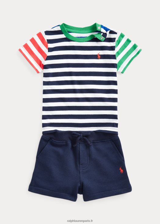 ensemble t-shirt en jersey rayé et short en polaire 46T60T7764 bébé Ralph Lauren multi bleu marine raffiné