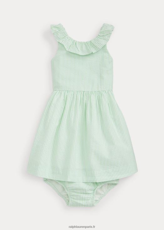 robe et bloomer en seersucker à volants 46T60T8245 bébé Ralph Lauren vert blanc