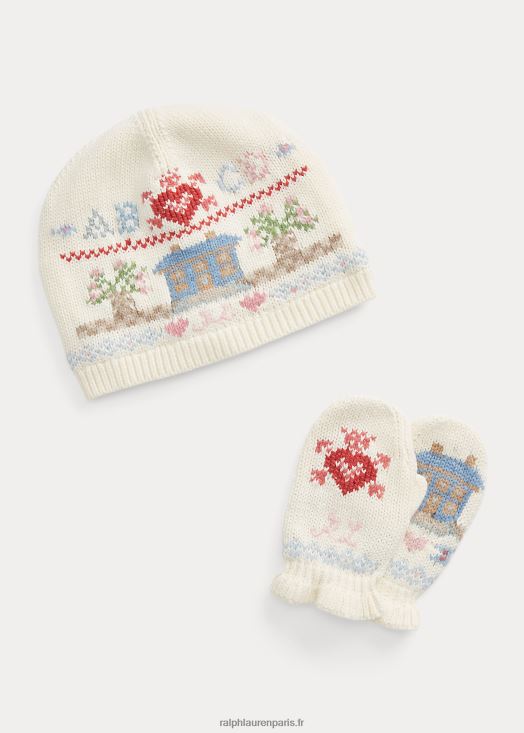 ensemble bonnet et mitaines en laine de coton fair isle 46T60T7463 enfants Ralph Lauren crème de club