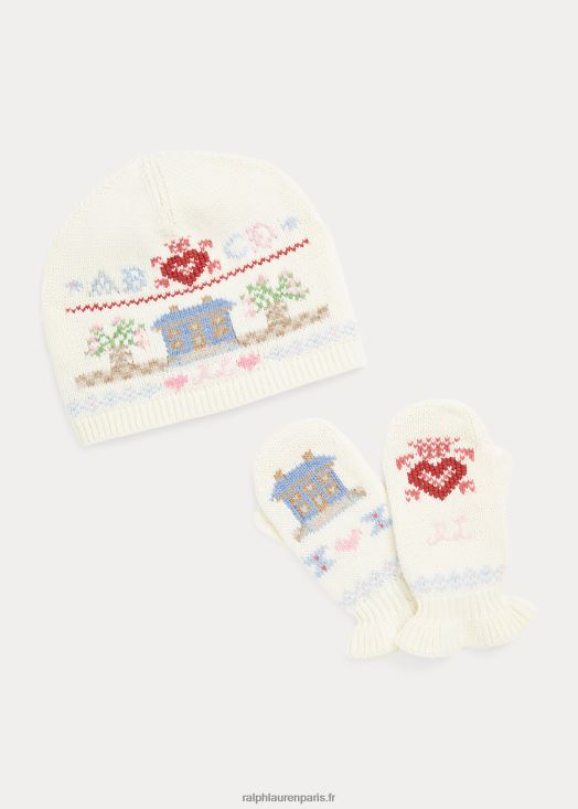 ensemble bonnet et mitaines en laine de coton fair isle 46T60T7630 enfants Ralph Lauren crème de club