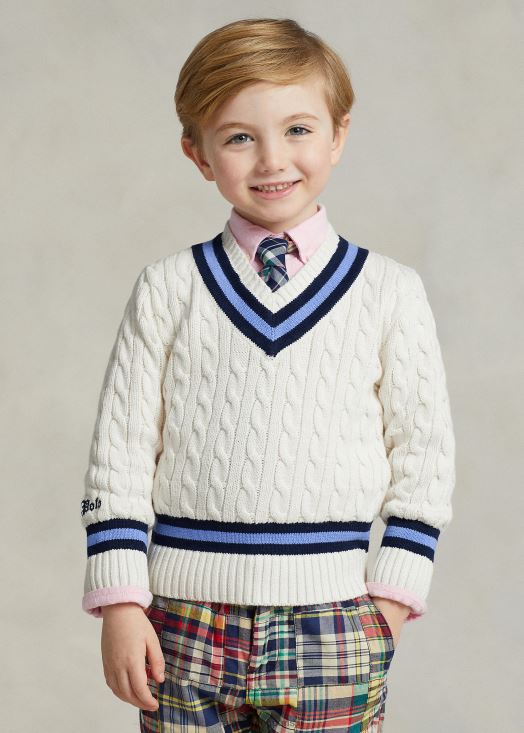 le chandail de cricket emblématique 46T60T5665 enfants Ralph Lauren crème avec rayure marine