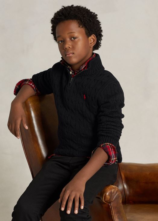 pull zippé en coton à maille torsadée 46T60T6650 enfants Ralph Lauren noir