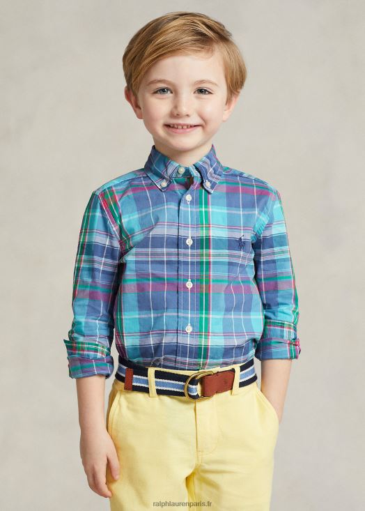 chemise en popeline de coton à carreaux 46T60T6429 enfants Ralph Lauren turquoise/rose foncé