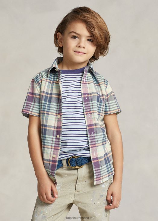 chemise manches courtes en madras de coton indigo 46T60T5634 enfants Ralph Lauren multi crème/marine