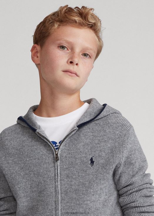 sweat à capuche zippé en cachemire 46T60T6020 enfants Ralph Lauren gris chiné