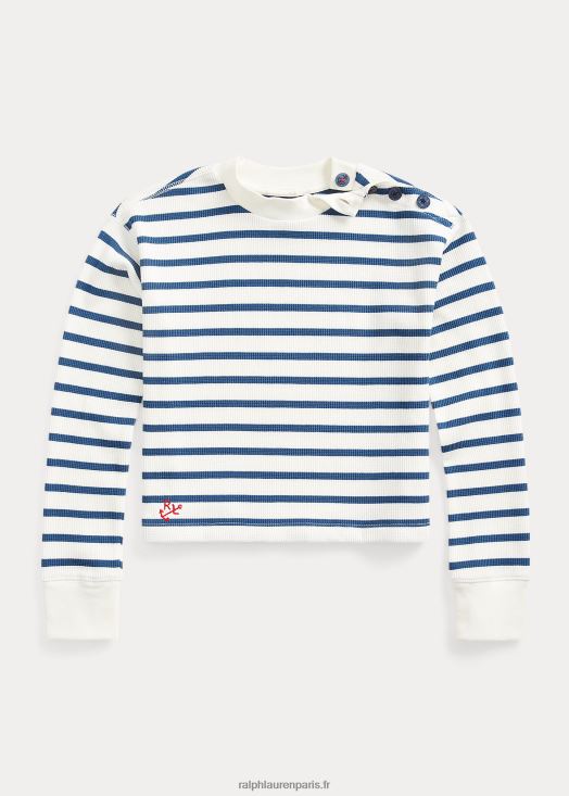 t-shirt boxy rayé en maille gaufrée 46T60T7581 enfants Ralph Lauren deckwash blanc multi