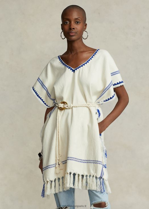 poncho tabard en coton tissé à glands 46T60T5470 femmes Ralph Lauren crème/bleu - Cliquez sur l'image pour la fermer
