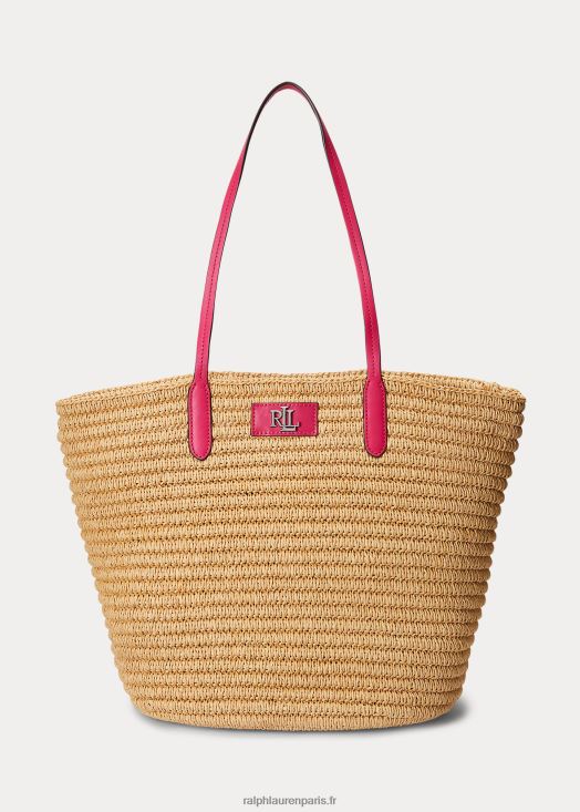 grand sac cabas brie en paille à finitions en cuir 46T60T5422 femmes Ralph Lauren naturel/rose sport - Cliquez sur l'image pour la fermer