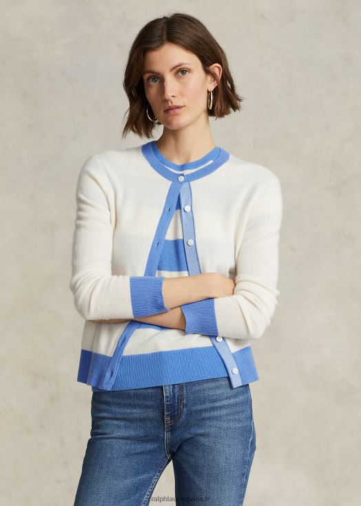 cardigan en cachemire à blason 46T60T3114 femmes Ralph Lauren crème/bleu île portuaire