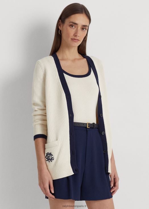cardigan en coton bicolore 46T60T9411 femmes Ralph Lauren crème mascarpone/marine