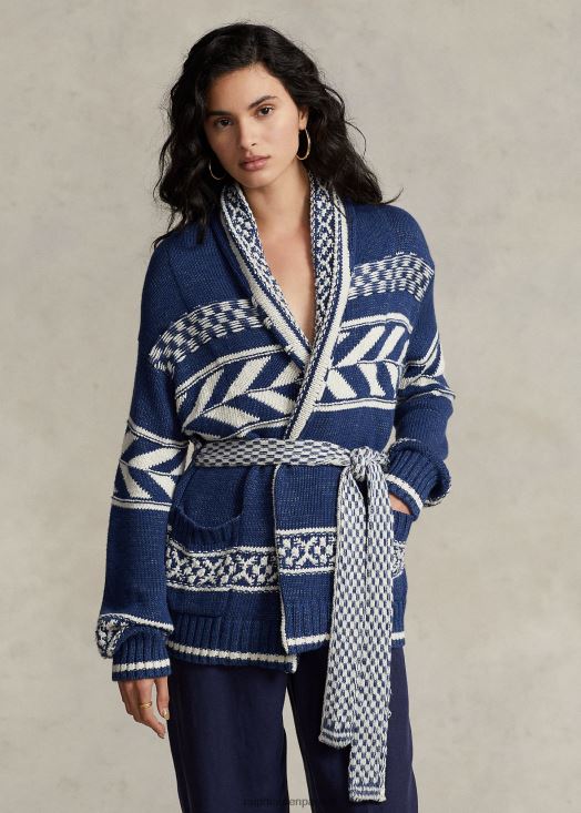 cardigan en coton et lin à rayures géométriques 46T60T3054 femmes Ralph Lauren marine multi