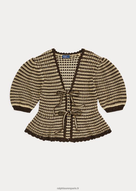 cardigan à manches courtes en coton mélangé 46T60T2974 femmes Ralph Lauren rayure beige/chocolat