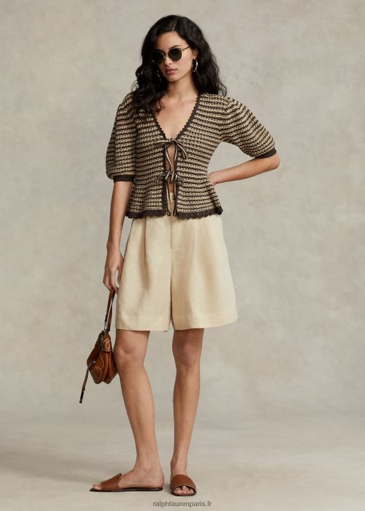 cardigan à manches courtes en coton mélangé 46T60T2974 femmes Ralph Lauren rayure beige/chocolat