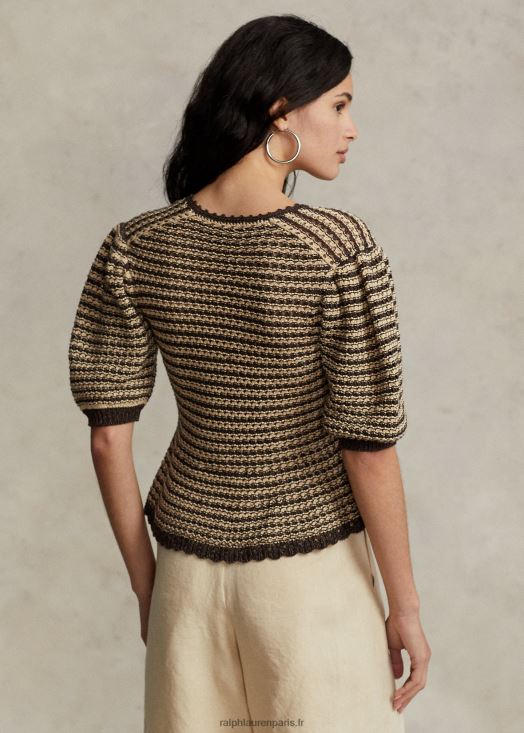 cardigan à manches courtes en coton mélangé 46T60T2974 femmes Ralph Lauren rayure beige/chocolat