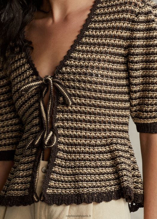 cardigan à manches courtes en coton mélangé 46T60T2974 femmes Ralph Lauren rayure beige/chocolat