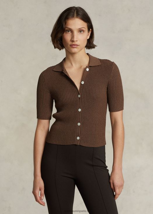 cardigan polo à manches courtes en maille côtelée 46T60T3185 femmes Ralph Lauren Chocolat brun