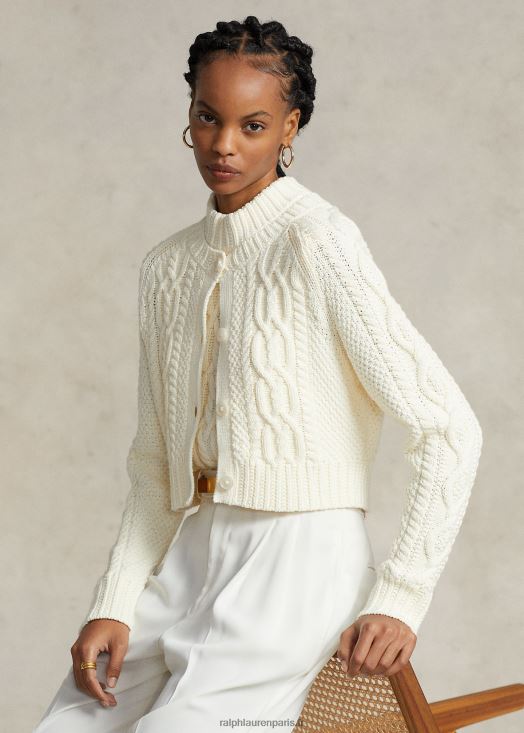 cardigan raccourci en maille aran 46T60T3085 femmes Ralph Lauren crème de parchemin