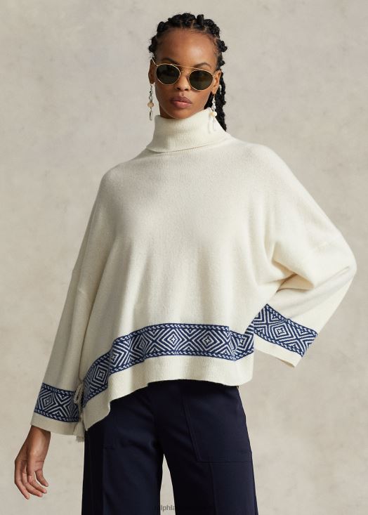 col roulé en cachemire à motif géométrique 46T60T3075 femmes Ralph Lauren parchemin crème/marine - Cliquez sur l'image pour la fermer