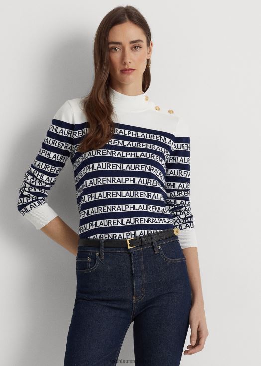 pull à col cheminée en coton mélangé à rayures 46T60T4901 femmes Ralph Lauren blanc/marine raffiné