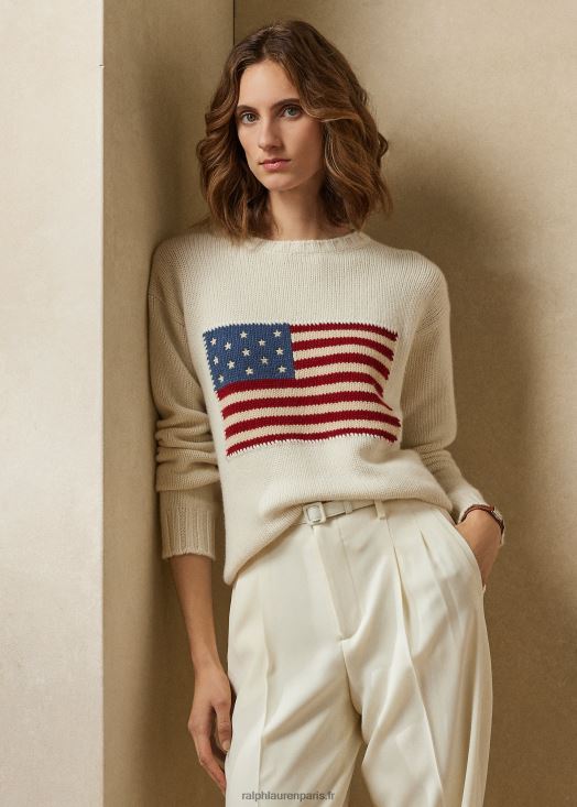 pull à col rond en cachemire à drapeau 46T60T3450 femmes Ralph Lauren crème lux avec drapeau