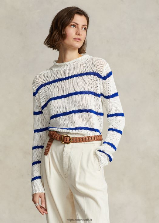 pull à col roulé en coton rayé 46T60T3062 femmes Ralph Lauren blanc/bleu roi