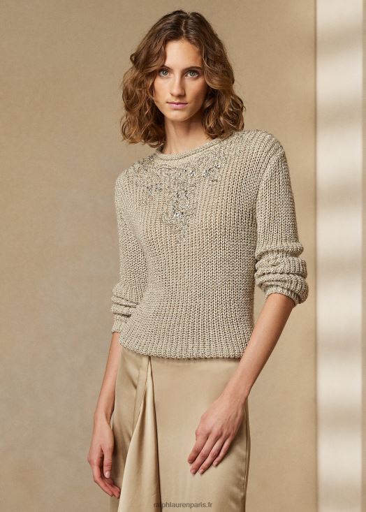 pull à col roulé en soie à ornements 46T60T3541 femmes Ralph Lauren tweed parchemin