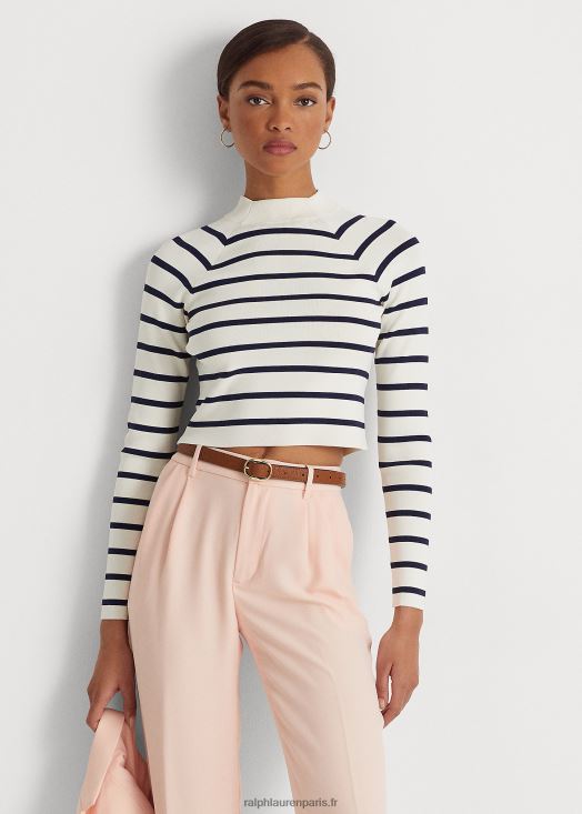 pull court à col cheminée rayé 46T60T9423 femmes Ralph Lauren crème mascarpone/marine - Cliquez sur l'image pour la fermer