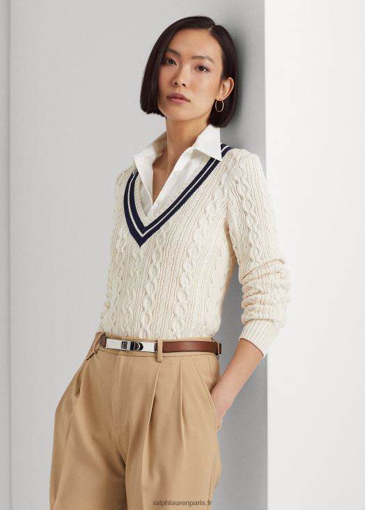 pull de cricket en maille torsadée 46T60T4005 femmes Ralph Lauren crème mascarpone/marine