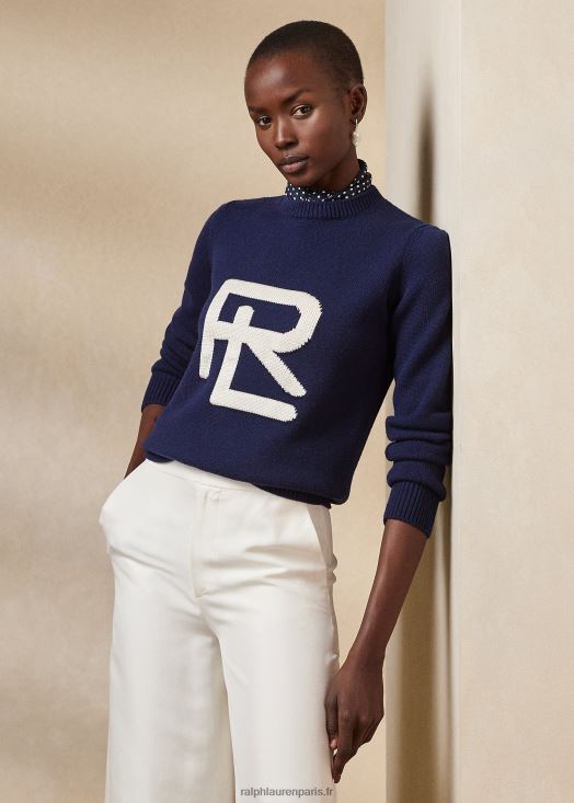 pull en soie mérinos rl à mailles intarsia 46T60T3474 femmes Ralph Lauren bleu marine lux/crème lux