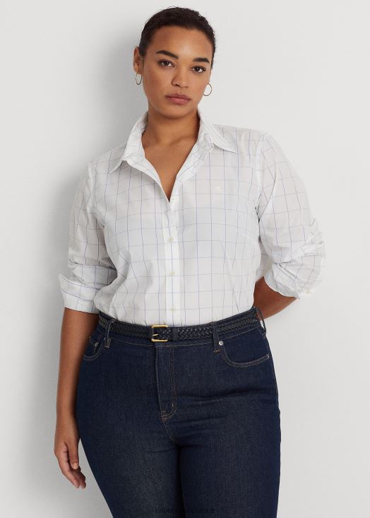 chemise en drap de coton à carreaux 46T60T4598 femmes Ralph Lauren blanc bleu