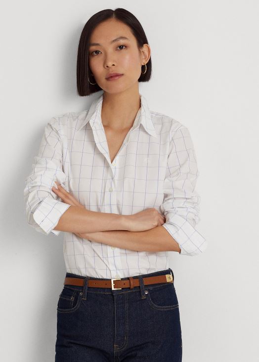 chemise en drap de coton à carreaux 46T60T9467 femmes Ralph Lauren blanc bleu - Cliquez sur l'image pour la fermer