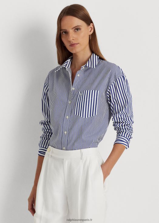 chemise en drap de coton à rayures 46T60T4862 femmes Ralph Lauren bleu blanc - Cliquez sur l'image pour la fermer