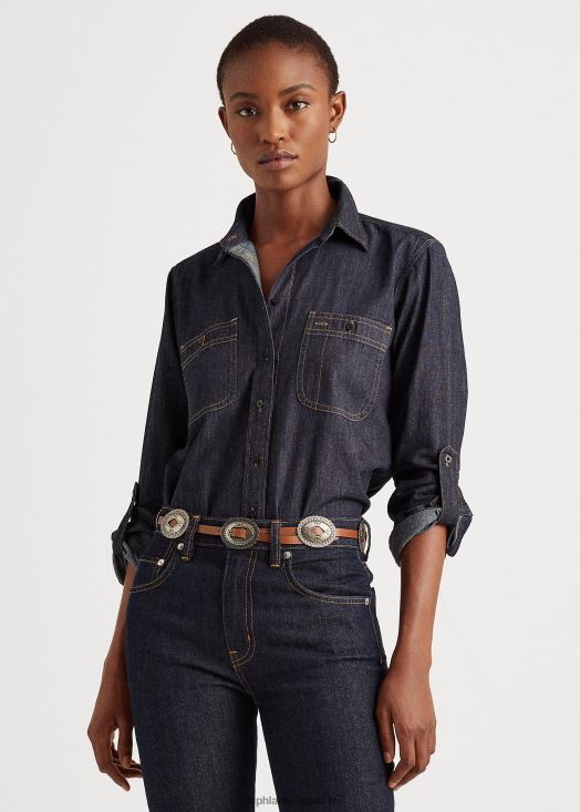 chemise en jean à manches retroussées 46T60T4220 femmes Ralph Lauren lavage de rinçage foncé - Cliquez sur l'image pour la fermer