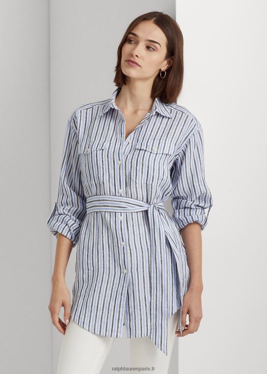chemise en lin à rayures et à ceinture 46T60T3986 femmes Ralph Lauren multicolore bleu/blanc