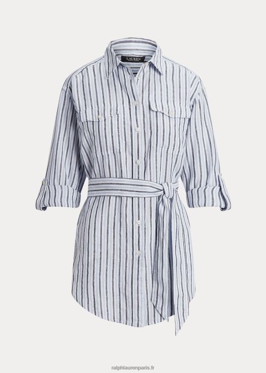 chemise en lin à rayures et à ceinture 46T60T3986 femmes Ralph Lauren multicolore bleu/blanc