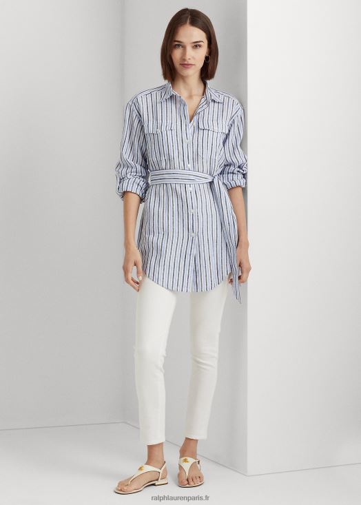 chemise en lin à rayures et à ceinture 46T60T3986 femmes Ralph Lauren multicolore bleu/blanc