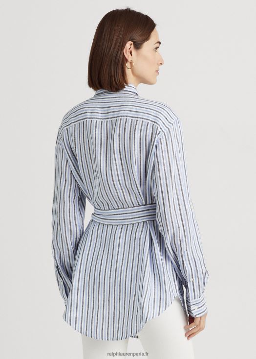 chemise en lin à rayures et à ceinture 46T60T3986 femmes Ralph Lauren multicolore bleu/blanc