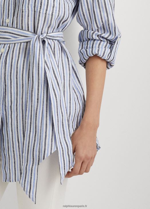 chemise en lin à rayures et à ceinture 46T60T3986 femmes Ralph Lauren multicolore bleu/blanc