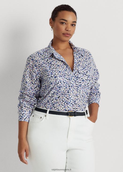 chemise en voile de coton à fleurs 46T60T4618 femmes Ralph Lauren bleu/crème/rose - Cliquez sur l'image pour la fermer