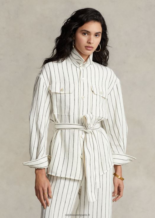 chemise utilitaire en lin à rayures et à ceinture 46T60T3190 femmes Ralph Lauren rayure crème/marron