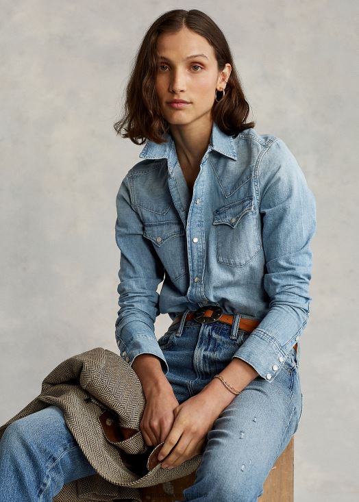 chemise western en jean coupe droite 46T60T3277 femmes Ralph Lauren indigo clair - Cliquez sur l'image pour la fermer