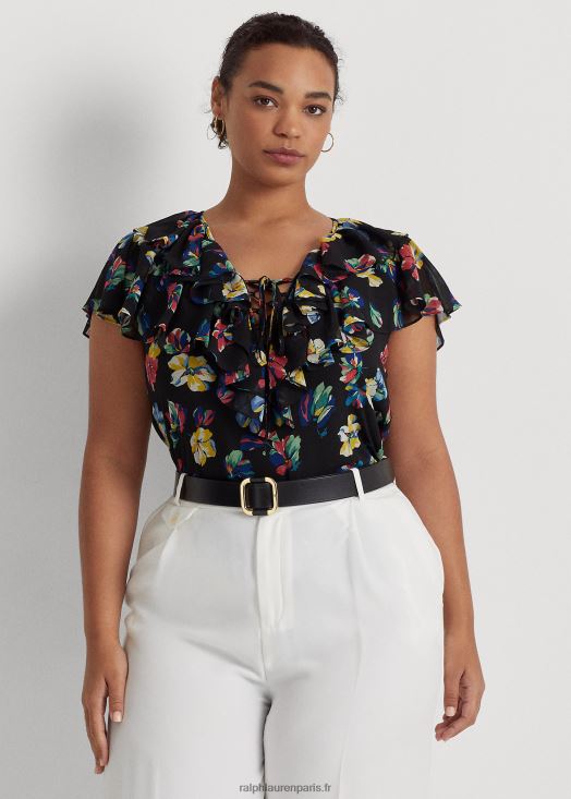 blouse en georgette à fleurs et volants 46T60T4557 femmes Ralph Lauren multi noir - Cliquez sur l'image pour la fermer