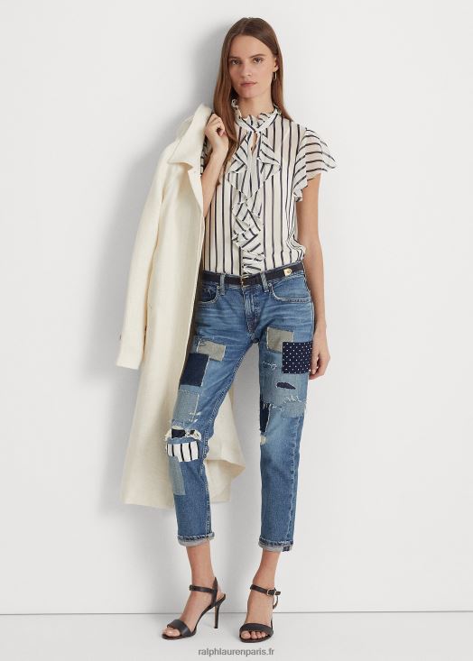 blouse en mousseline rayée à volants 46T60T3993 femmes Ralph Lauren parchemin crème/marine