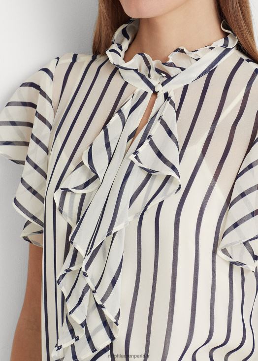 blouse en mousseline rayée à volants 46T60T3993 femmes Ralph Lauren parchemin crème/marine